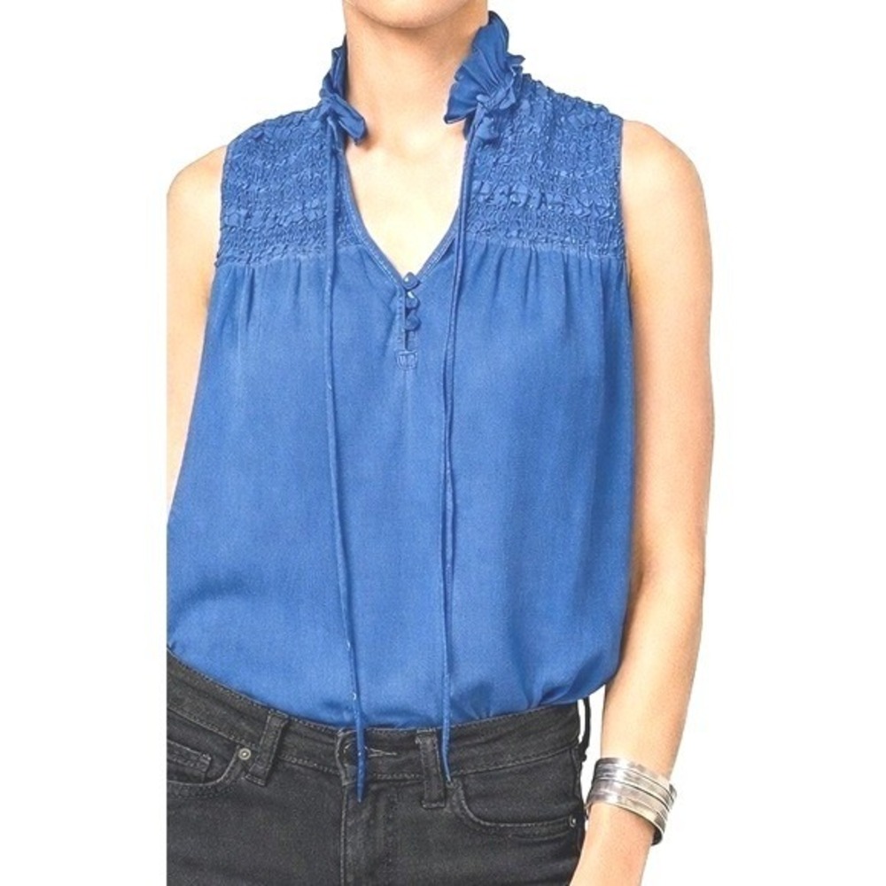 Free People Ruffle Me Up Tie Smocked Sleeveless Blouse Blue Women's Size S